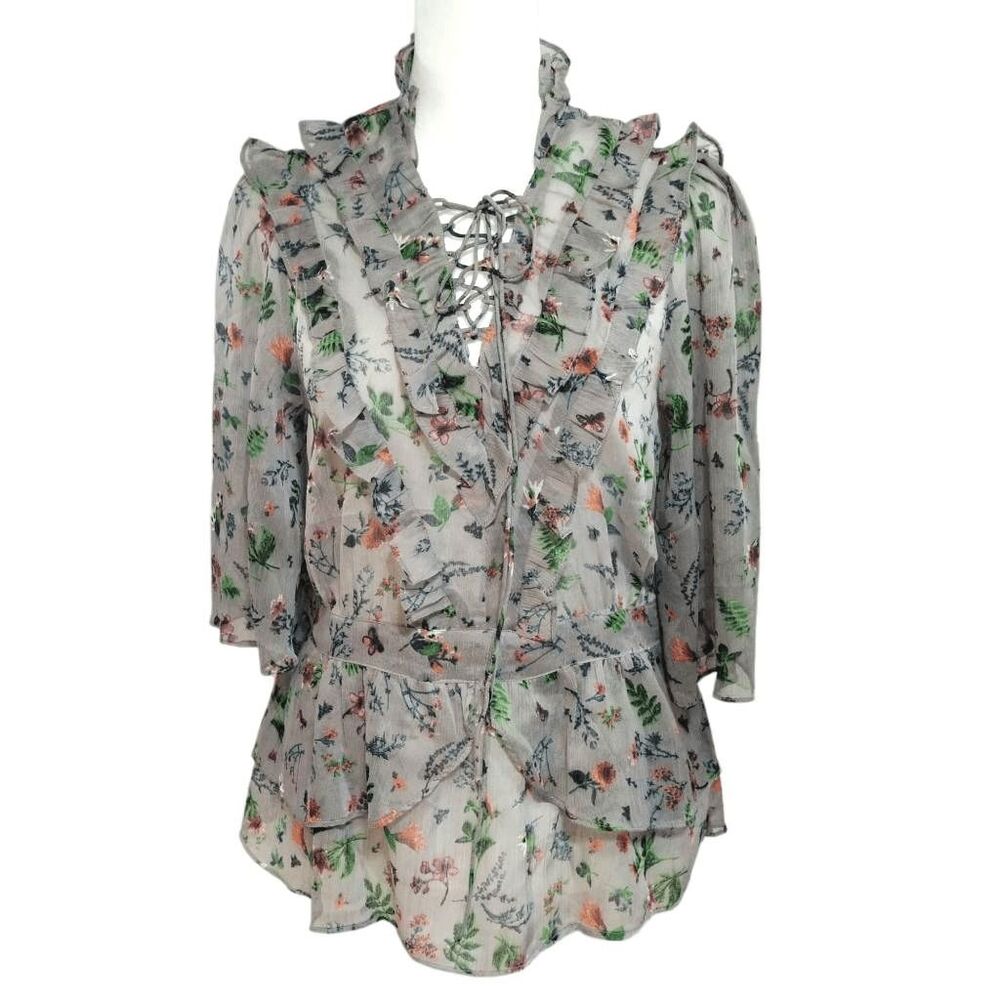 NWT Walter Baker Gray Floral Sheer Danielle Ruffle Blouse Butterflies Sz M
